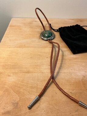 Green Faux Stone Brown braided leather metal Bolo